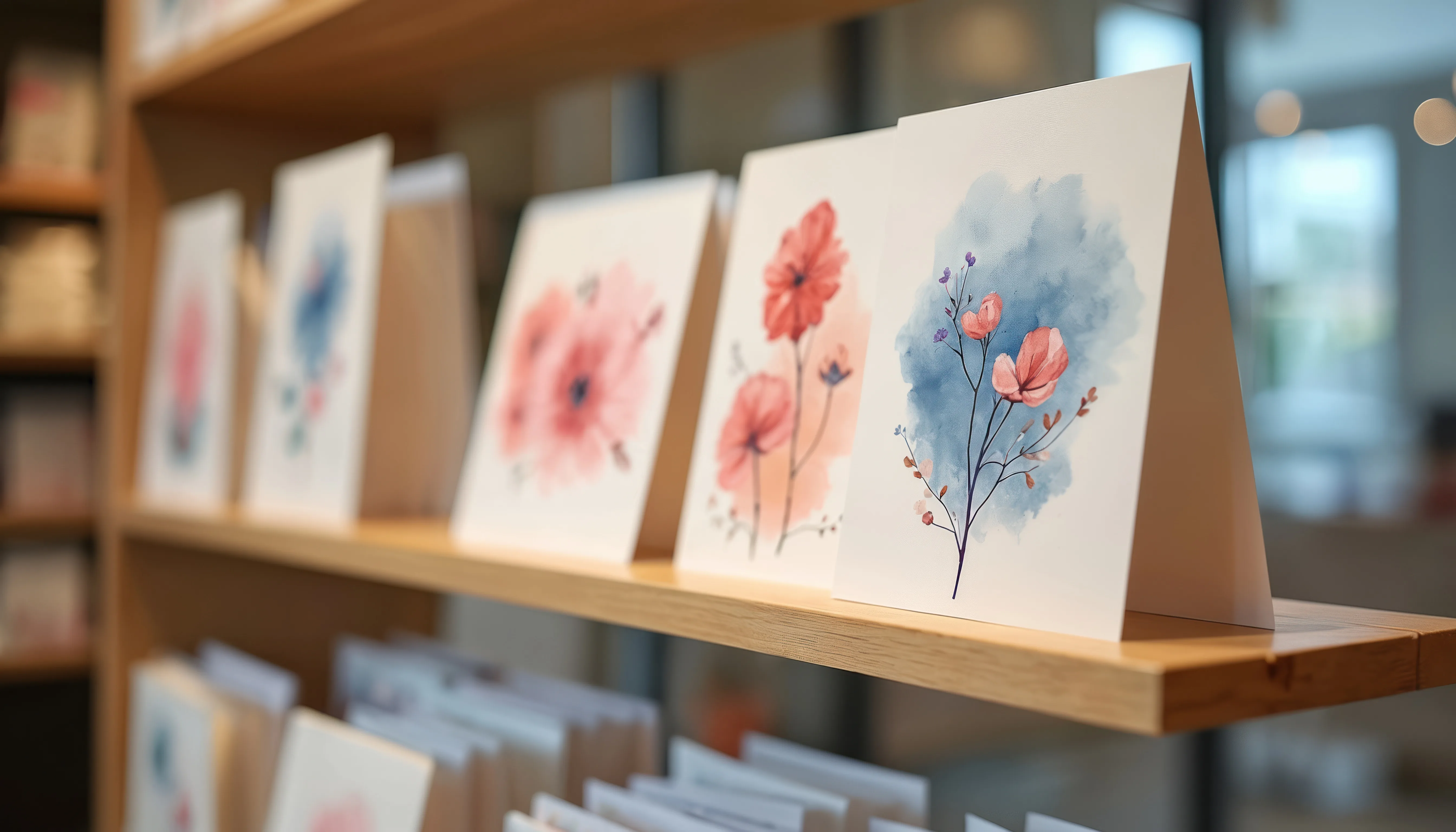 A row of watercolour floral greetings cards on a wooden shelf