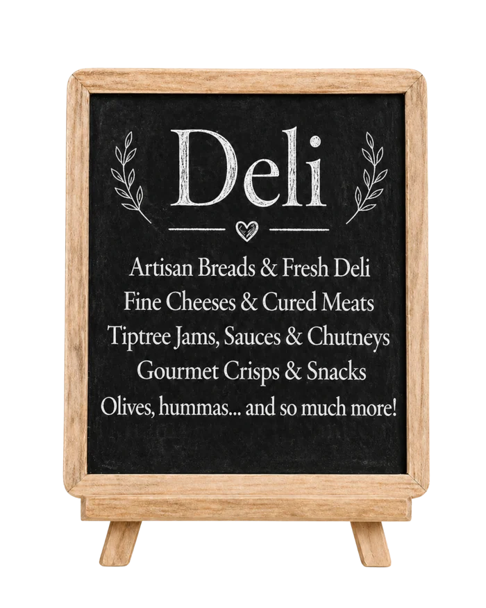 Chalkboard menu listing artisan breads and fresh deli, fine cheeses and cured meats, Tiptree jams, sauces and chutneys, gourmet crisps and snacks, and olives, hummus and more