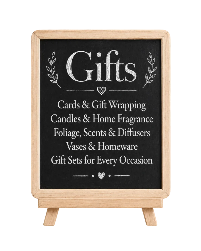 Chalkboard menu listing cards and gift wrapping, candles and home fragrance, foliage, scents and diffusers, vases and homeware, and gift sets for every occasion