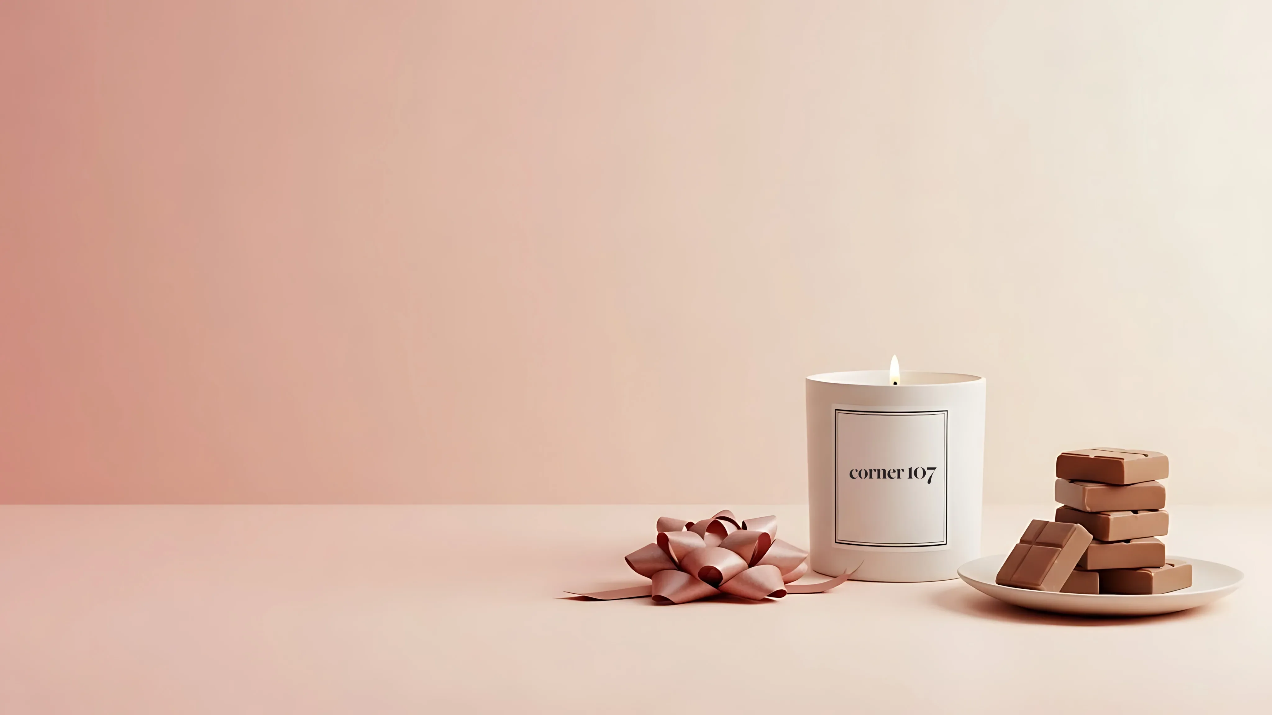 A Corner 107 branded candle alongside a ribbon and small chocolates on a soft pink surface