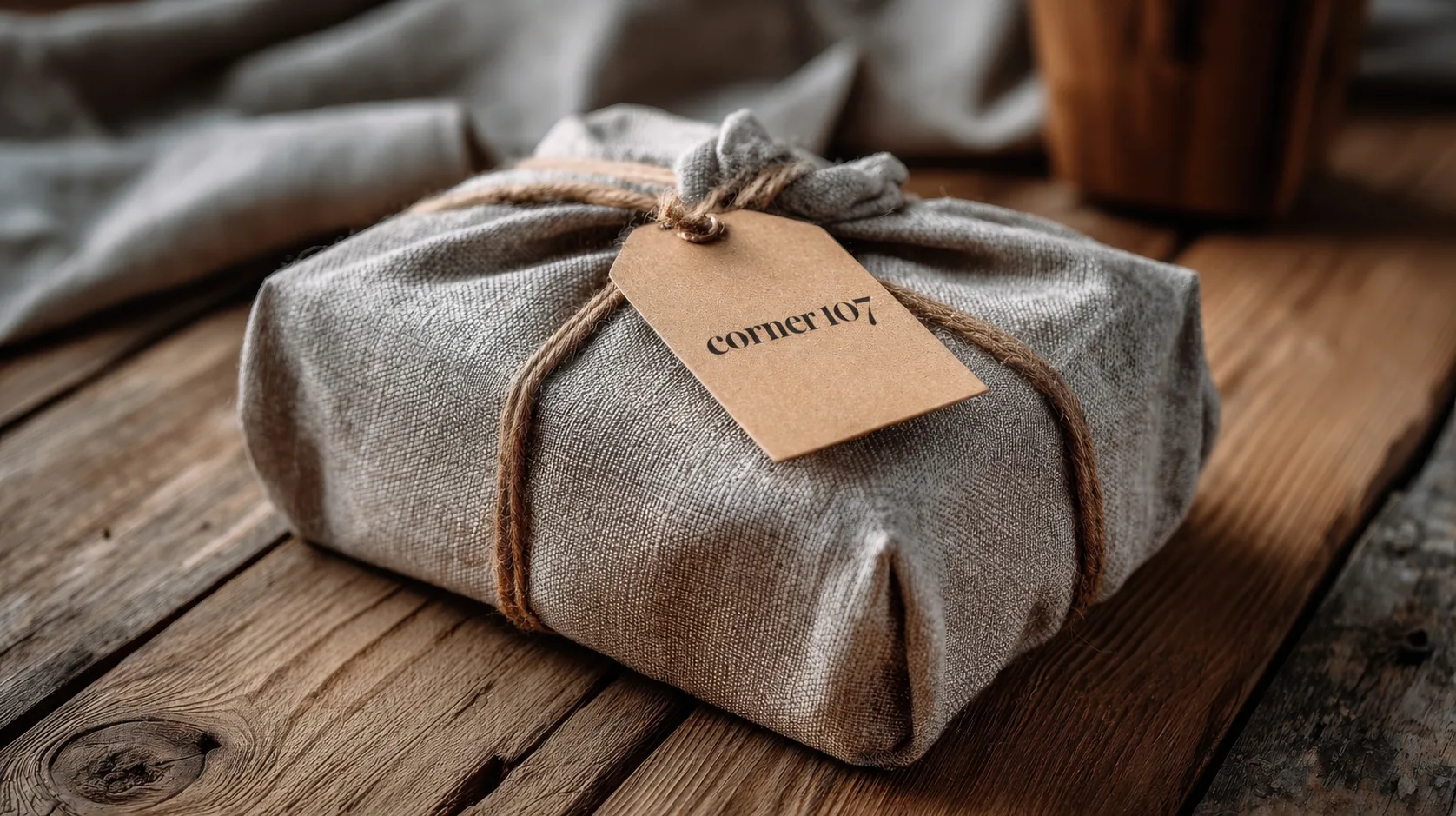 A linen-wrapped hamper tied with twine and a Corner 107 kraft gift tag