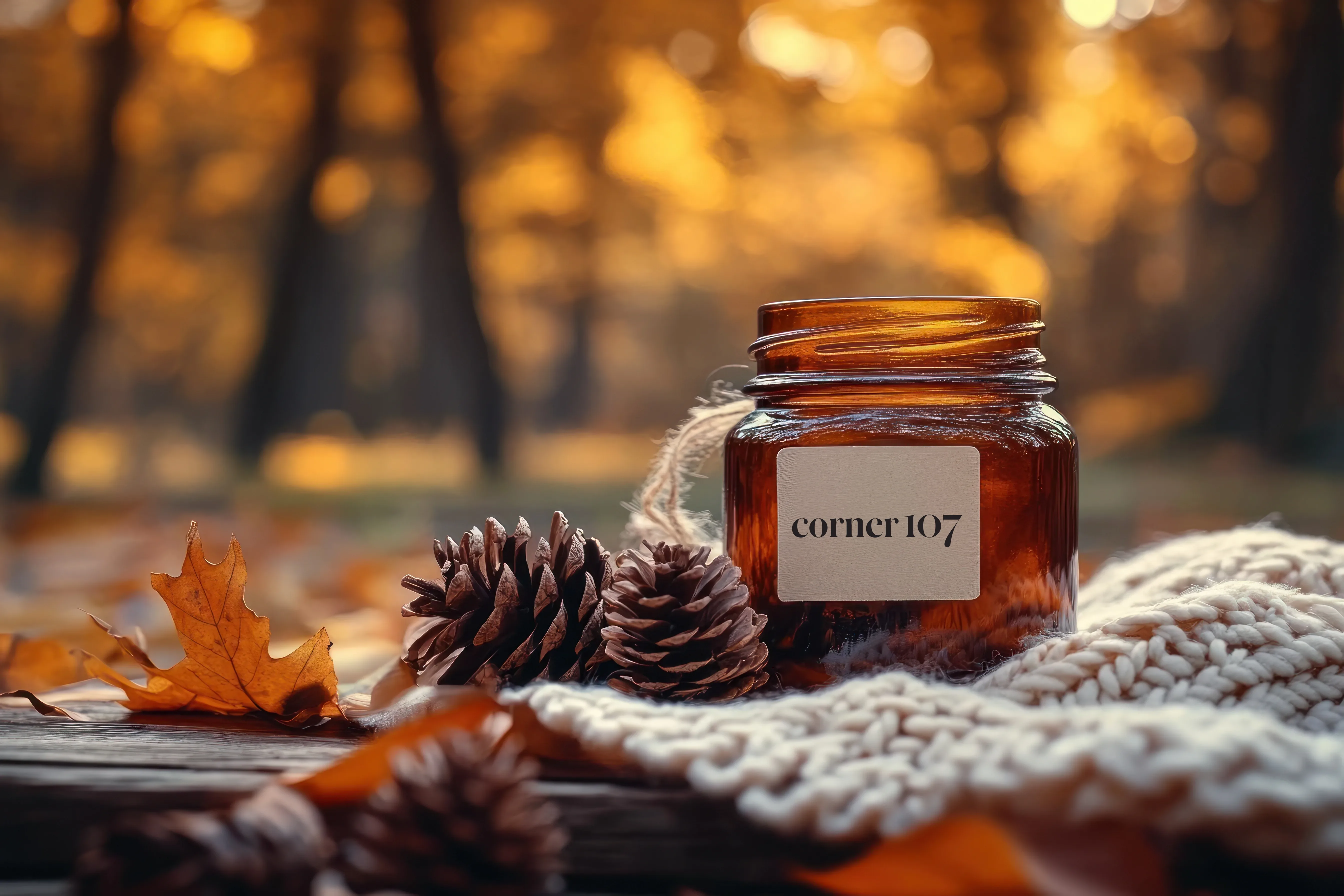 A Corner 107 branded amber jar nestled among autumn leaves and pinecones